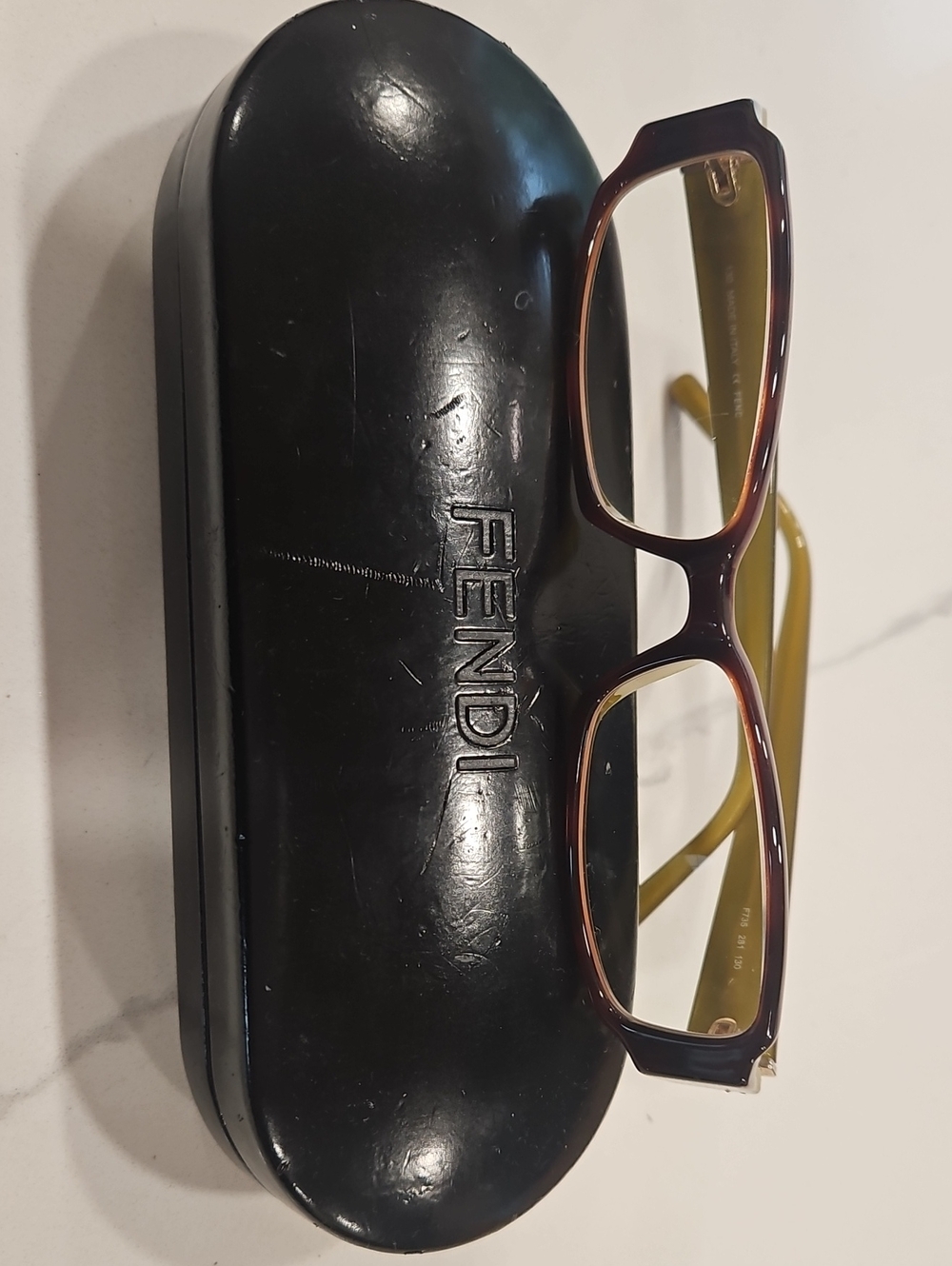 Fendi Women's Rectangular Readers Glasses Tortoiseshell Front and Olive Temples.